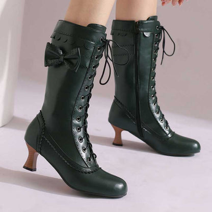 Women's Low Heel Lace-Up Boots with Bow