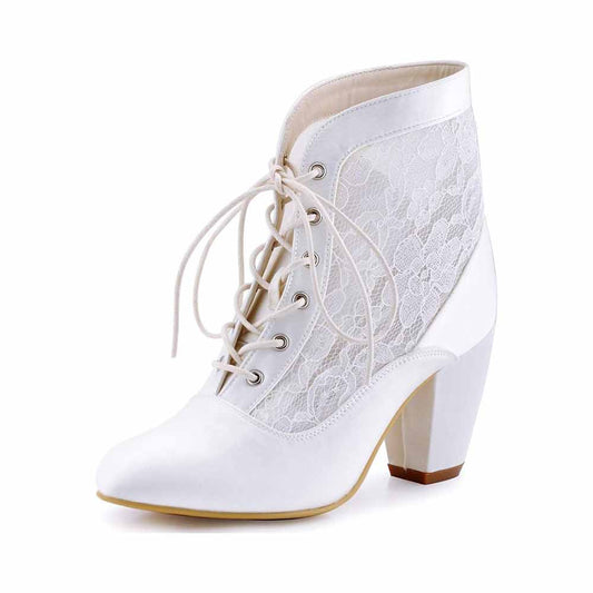 Women Boots High Heel Lace-up Satin Lace Bridal Wedding Shoes