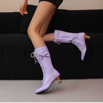 Women's Low Heel Lace-Up Boots with Bow