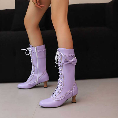 Women's Low Heel Lace-Up Boots with Bow