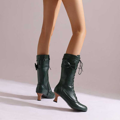 Women's Low Heel Lace-Up Boots with Bow