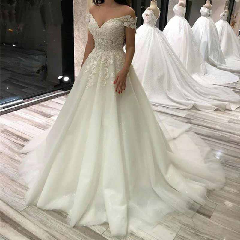 A-Line Princess Scoop Sweep Train Tulle Wedding Dresses