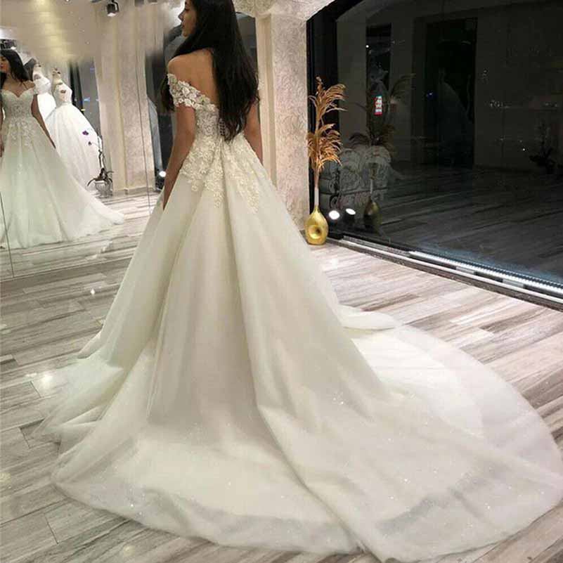 A-Line Princess Scoop Sweep Train Tulle Wedding Dresses