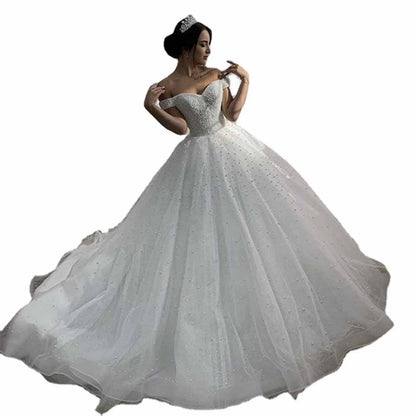 Off-the-Shoulder Sweep Train Tulle Wedding Dresses