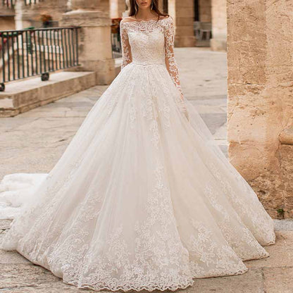 Off-the-Shoulder Sweep Train Tulle Wedding Dresses With Appliques Lace ...