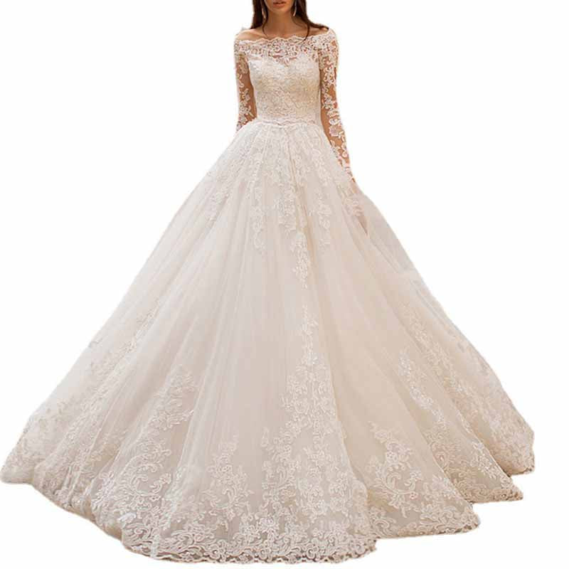 Off-the-Shoulder Sweep Train Tulle Wedding Dresses With Appliques Lace