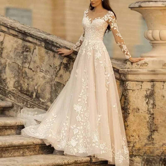 Lace A-Line Boho Long Sleeves Wedding Dress Ball Gown with Train