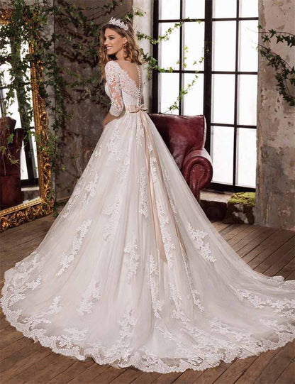 A-Line Princess Scoop Sweep Train Tulle Wedding Dresses With Sleeves