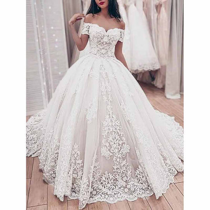 A-Line Princess Off-the-shoulder Sweep Train Lace Wedding Dresses