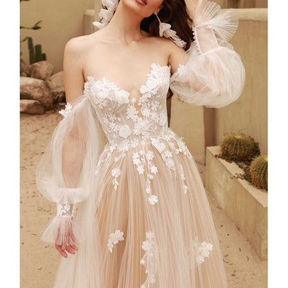 Tulle Puffy Sleeves V-Neck A Line Wedding Dress Bridal Gown Lace Dress
