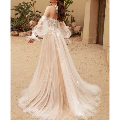 Tulle Puffy Sleeves V-Neck A Line Wedding Dress Bridal Gown Lace Dress