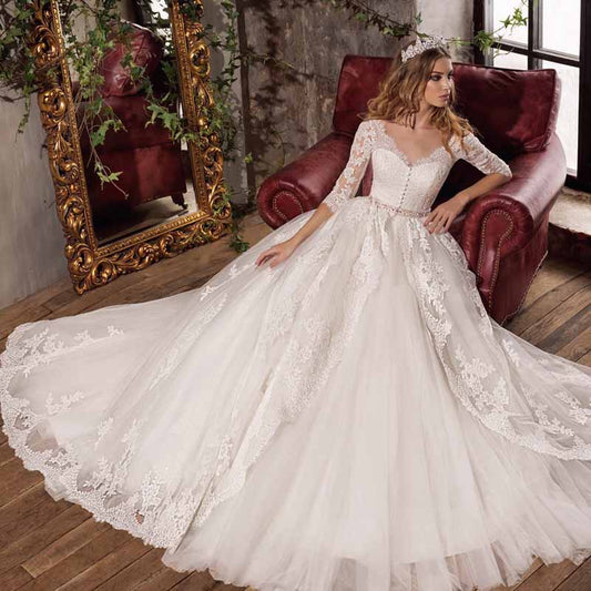 A-Line Princess Scoop Sweep Train Tulle Wedding Dresses With Sleeves