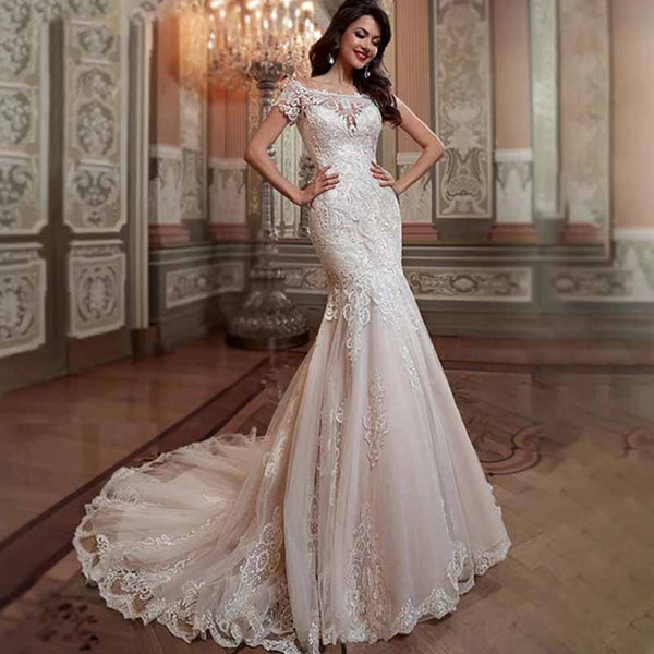 Scoop Chiffon Wedding Dresses Mermaid With Applique Court Train,DS4645 main image 1