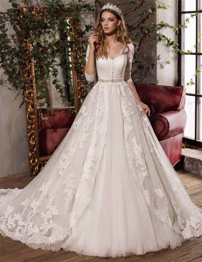 A-Line Princess Scoop Sweep Train Tulle Wedding Dresses With Sleeves
