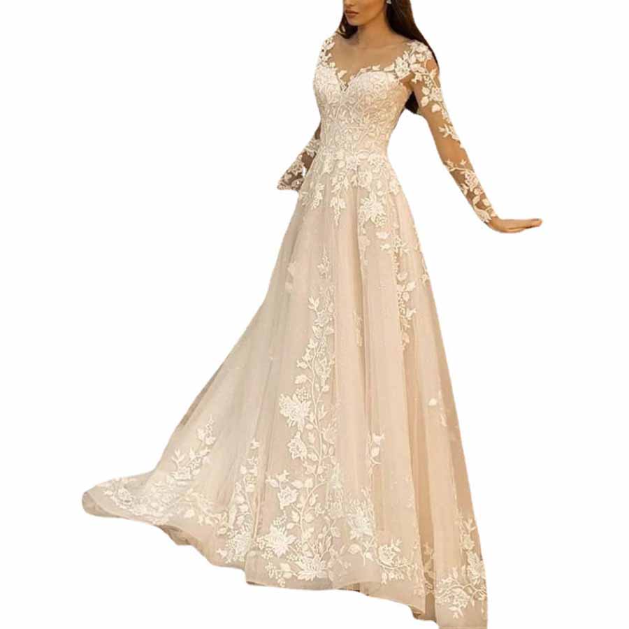 Lace A-Line Boho Long Sleeves Wedding Dress Ball Gown with Train
