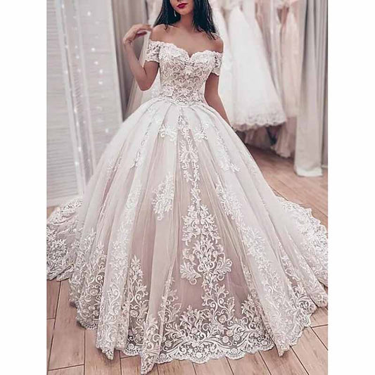 Ball Gown Off-the-shoulder Cathedral Train Tulle Wedding Dresses With Appliques Lace