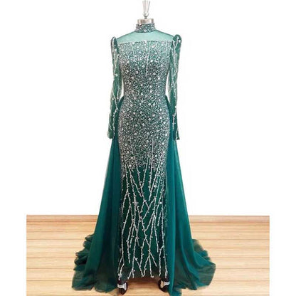2 Pieces Custom Mermaid Sheer Sleeves High Neck Beaded Evening Dress Wedding Gown