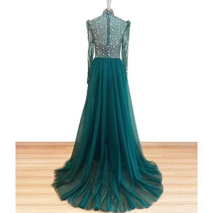 2 Pieces Custom Mermaid Sheer Sleeves High Neck Beaded Evening Dress Wedding Gown