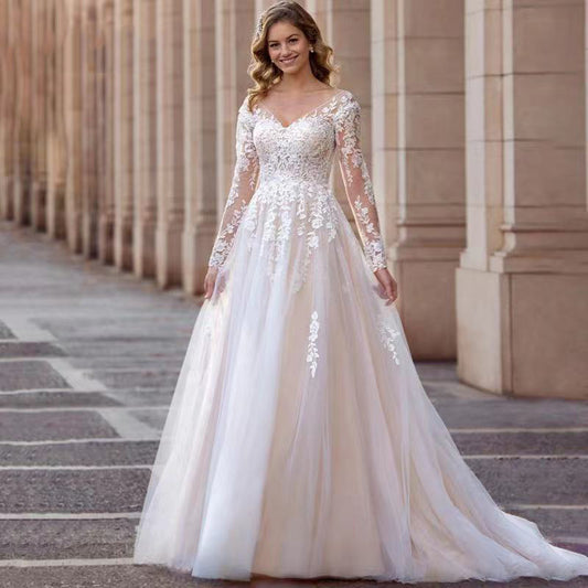 V-Neck Tulle A-Line Long Sleeves Wedding Dress Sweep Train Bridal Dress