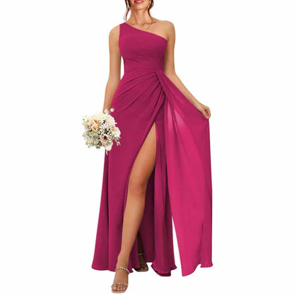 One Shoulder Bridesmaid Dresses with Pockes Long Ruched A Line Formal Dress with Slit