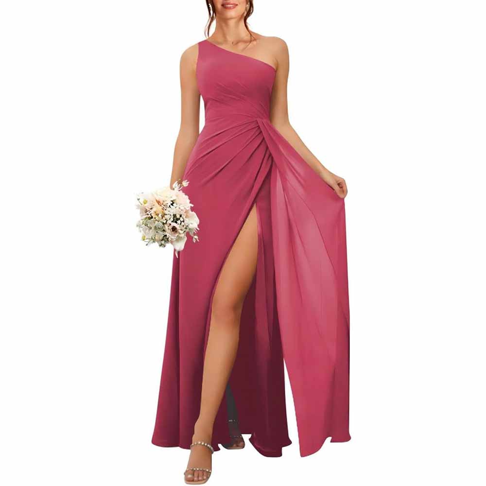 One Shoulder Bridesmaid Dresses with Pockes Long Ruched A Line Formal Dress with Slit