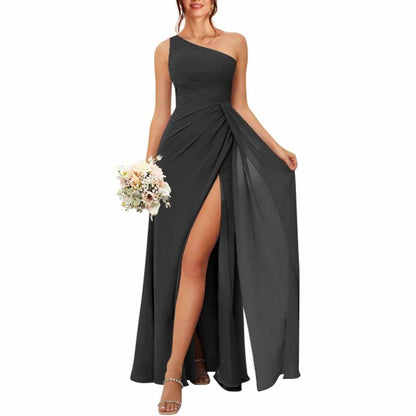 One Shoulder Bridesmaid Dresses with Pockes Long Ruched A Line Formal Dress with Slit
