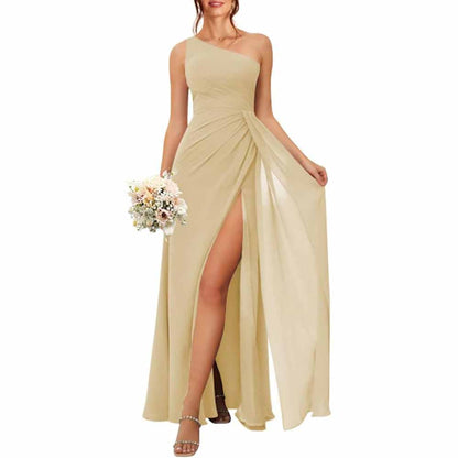 One Shoulder Bridesmaid Dresses with Pockes Long Ruched A Line Formal Dress with Slit