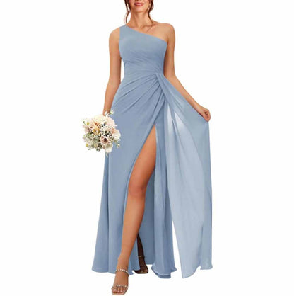 One Shoulder Bridesmaid Dresses with Pockes Long Ruched A Line Formal Dress with Slit