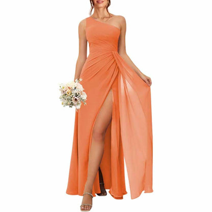 One Shoulder Bridesmaid Dresses with Pockes Long Ruched A Line Formal Dress with Slit