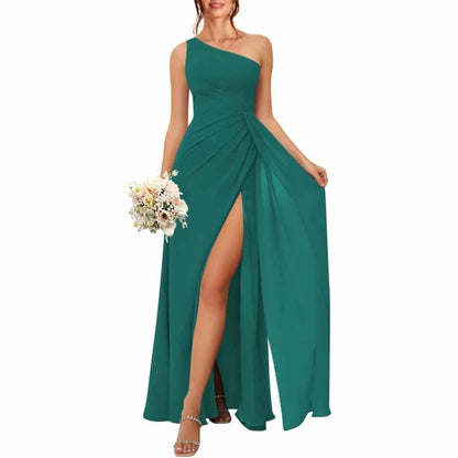 One Shoulder Bridesmaid Dresses with Pockes Long Ruched A Line Formal Dress with Slit