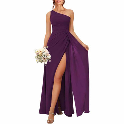 One Shoulder Bridesmaid Dresses with Pockes Long Ruched A Line Formal Dress with Slit