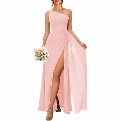 One Shoulder Bridesmaid Dresses with Pockes Long Ruched A Line Formal Dress with Slit