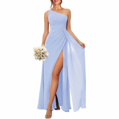 One Shoulder Bridesmaid Dresses with Pockes Long Ruched A Line Formal Dress with Slit