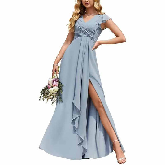 Chiffon Bridesmaid Dresses with Pockets A-Line Long Prom Dress with Slit