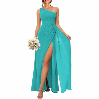 One Shoulder Bridesmaid Dresses with Pockes Long Ruched A Line Formal Dress with Slit