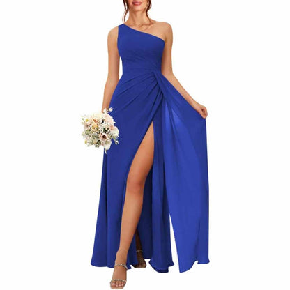One Shoulder Bridesmaid Dresses with Pockes Long Ruched A Line Formal Dress with Slit