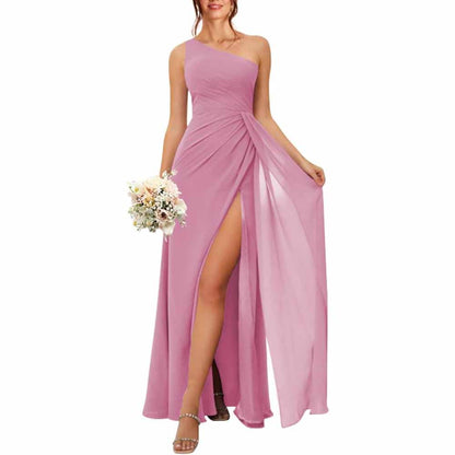 One Shoulder Bridesmaid Dresses with Pockes Long Ruched A Line Formal Dress with Slit