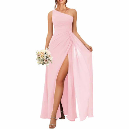 One Shoulder Bridesmaid Dresses with Pockes Long Ruched A Line Formal Dress with Slit