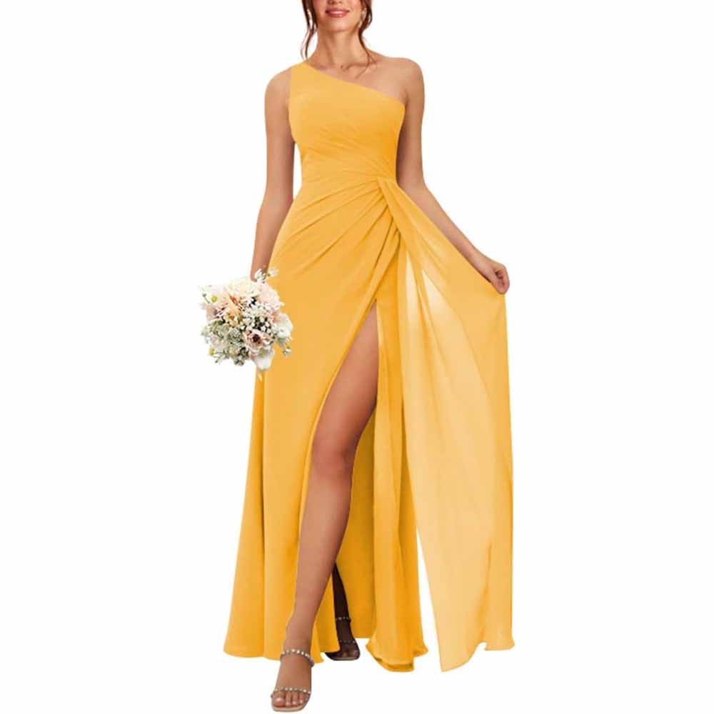 One Shoulder Bridesmaid Dresses with Pockes Long Ruched A Line Formal Dress with Slit