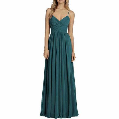 Bridesmaid Dresses Long Chiffon Ball Gowns Spaghetti Straps V-neck Wedding Guest Dress