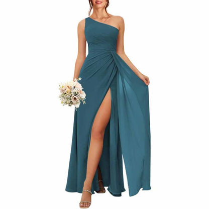One Shoulder Bridesmaid Dresses with Pockes Long Ruched A Line Formal Dress with Slit
