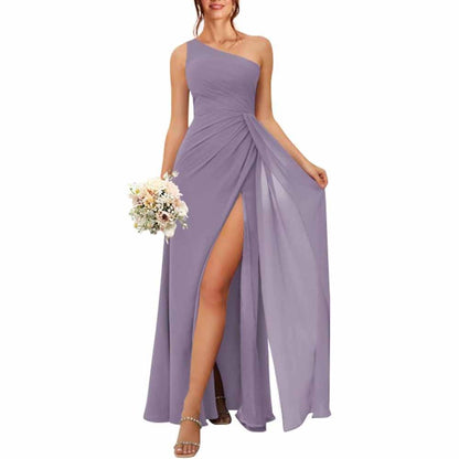 One Shoulder Bridesmaid Dresses with Pockes Long Ruched A Line Formal Dress with Slit