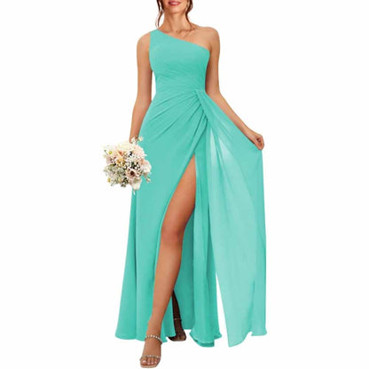 One Shoulder Bridesmaid Dresses with Pockes Long Ruched A Line Formal Dress with Slit