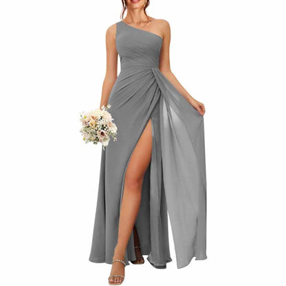 One Shoulder Bridesmaid Dresses with Pockes Long Ruched A Line Formal Dress with Slit