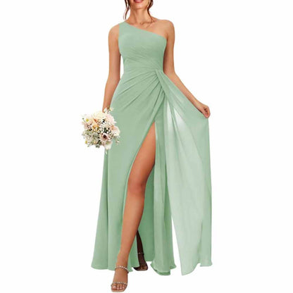 One Shoulder Bridesmaid Dresses with Pockes Long Ruched A Line Formal Dress with Slit