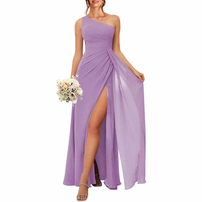One Shoulder Bridesmaid Dresses with Pockes Long Ruched A Line Formal Dress with Slit