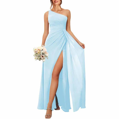 One Shoulder Bridesmaid Dresses with Pockes Long Ruched A Line Formal Dress with Slit