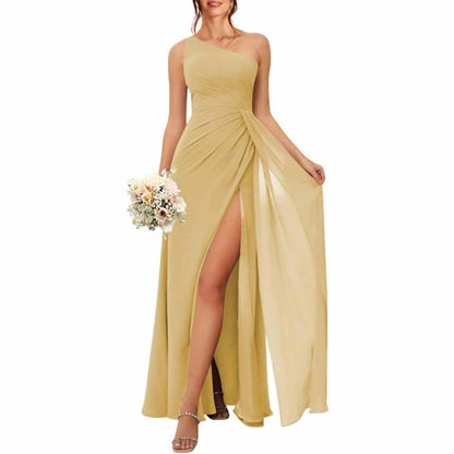 One Shoulder Bridesmaid Dresses with Pockes Long Ruched A Line Formal Dress with Slit
