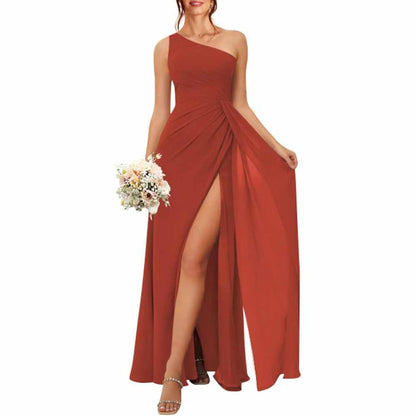 One Shoulder Bridesmaid Dresses with Pockes Long Ruched A Line Formal Dress with Slit