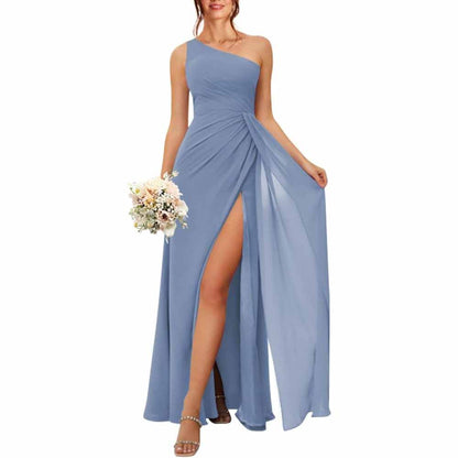 One Shoulder Bridesmaid Dresses with Pockes Long Ruched A Line Formal Dress with Slit